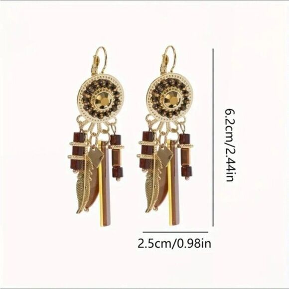 Bohemian Rhinestones Gold and Blue Dangle Crystal Charm Earrings - Picture 5 of 5